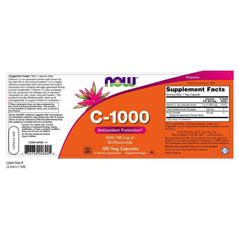 NOW Supplements, Vitamin C-1,000 with 100 mg of Bioflavonoids, Antioxidant Protection*, 100 Veg Capsules - BeesActive Australia