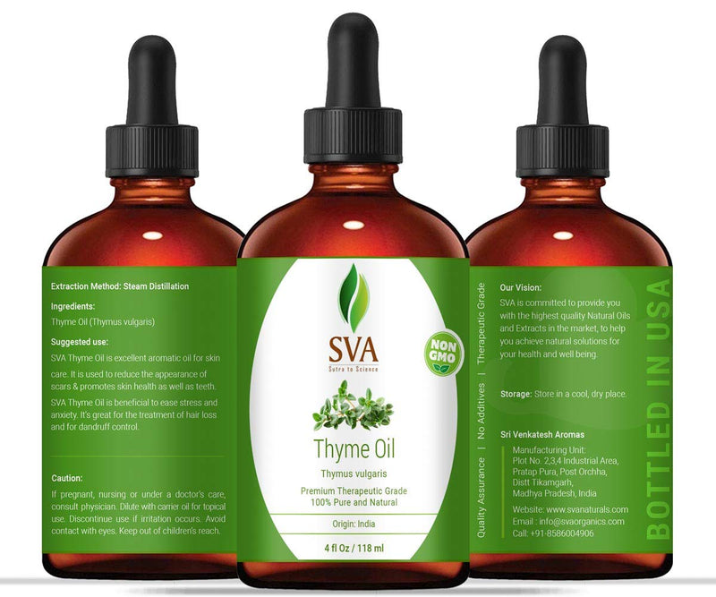 SVA Organics Thyme Essential Oil 4 Oz with Dropper 100% Pure Natural Premium Therapeutic Grade Oil for Skin Care, Hair Care, Body Massage & Aromatherapy - BeesActive Australia