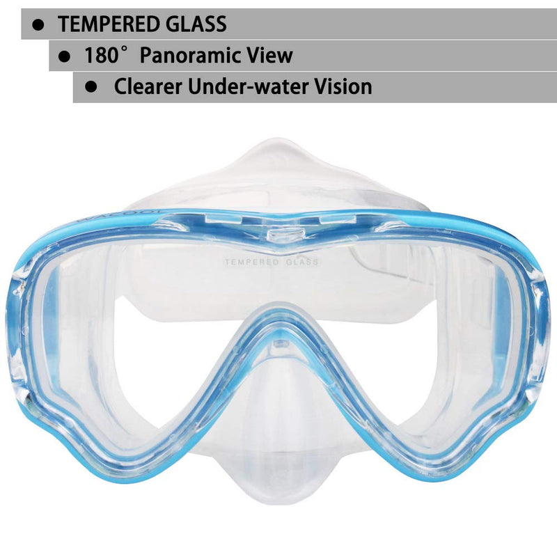 [AUSTRALIA] - WACOOL Snorkeling Snorkel Package Set for Kids Youth Junior, Anti-Fog Coated Glass Diving Mask, Snorkel with Silicon Mouth Piece,Purge Valve and Anti-Splash Guard. SkyBlue 