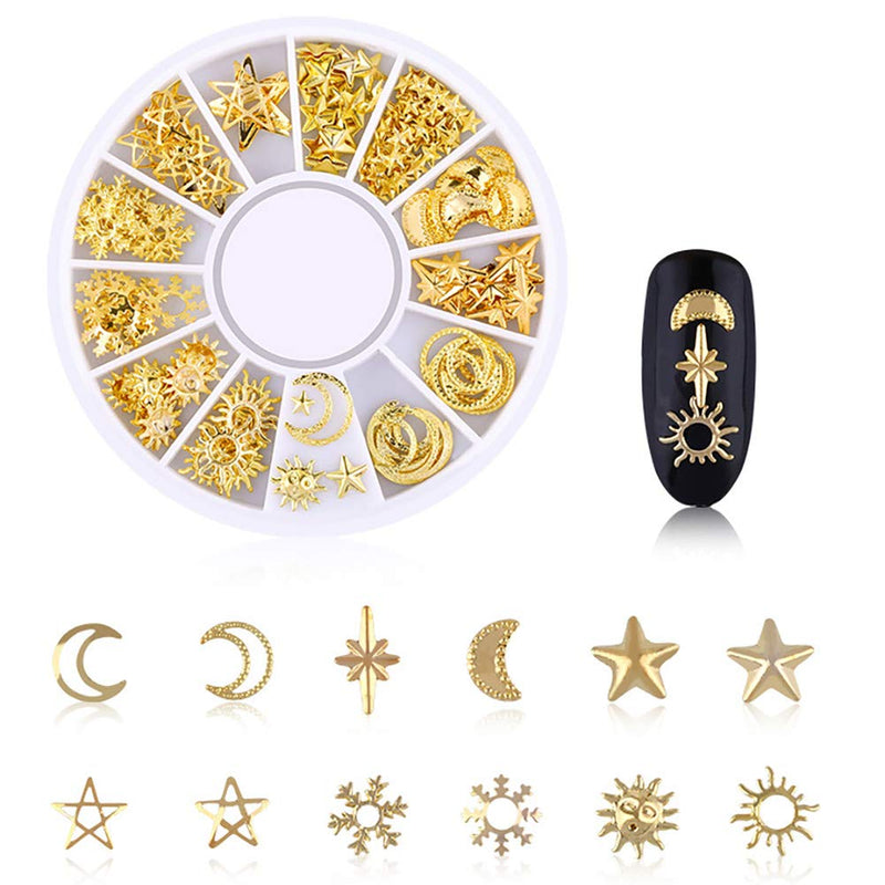 DANNEASY 6 Wheels 3D Gold Nail Studs Metal Nail Charms Nail Art Rivets Manicure Decoration Kit Star Moon Shell Cross Flower With 1Pc Curved Tweezers And Wax Pen Kit 1 - BeesActive Australia