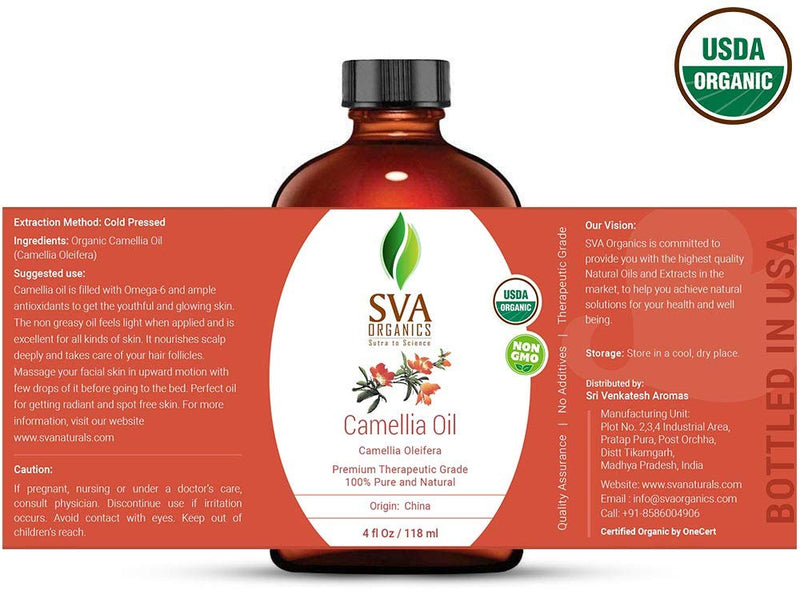 SVA Organics Camellia Oil Organic USDA 4 Oz Pure Natural Cold Pressed Carrier Oil for Skin Care, Hair, Face Cleanser, Shampoo - BeesActive Australia