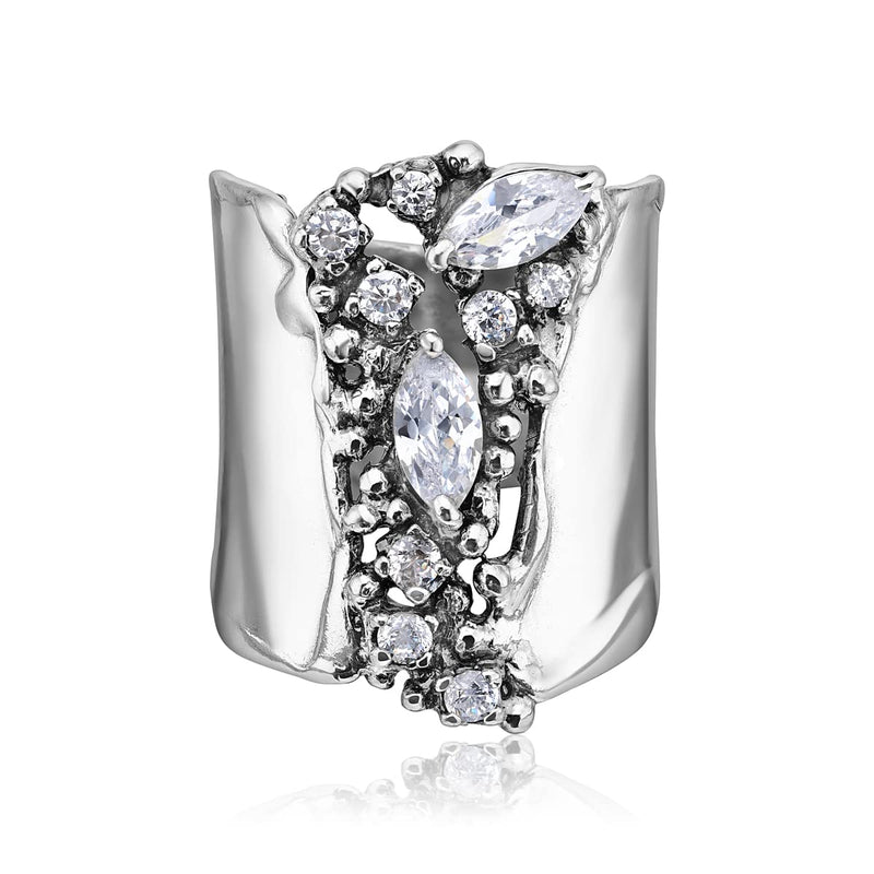 925 Sterling Silver Shield Ring With A White Round and Marquise Cubic Zirconia CZ , Floral Vintage Antique Look, Hypoallergenic, Nickel and Lead-free, Artisan Handcrafted Designer collection, Made In Israel 11 - BeesActive Australia