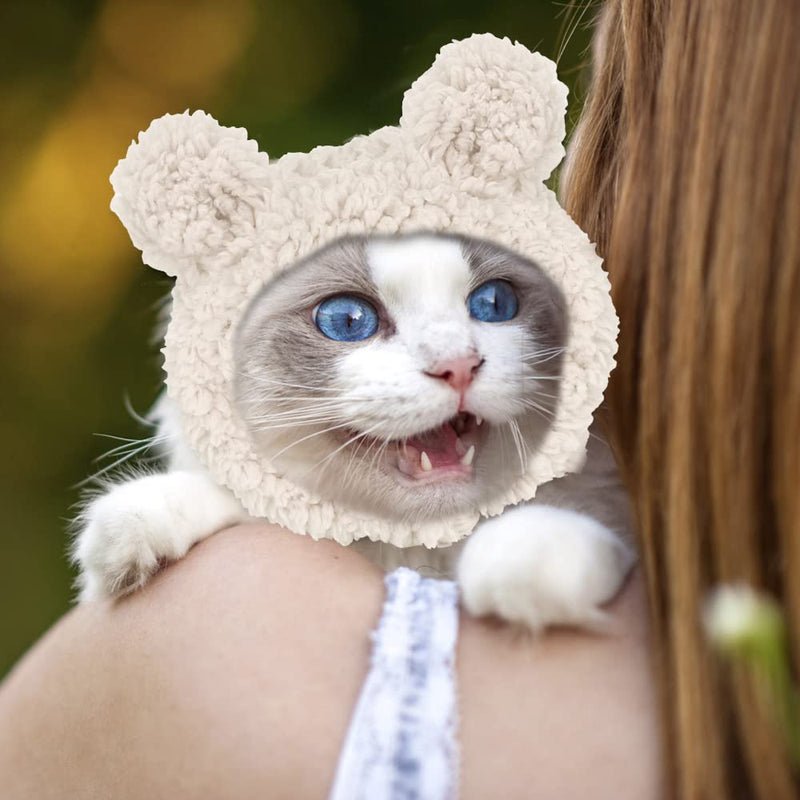 JOICEE Cute Cat Costume Warm Bear Hat for Cat Adjustable Soft Small Pet Headwear Bear Hat for Cat Puppy Dog White - BeesActive Australia