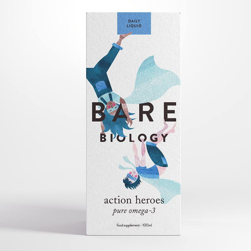 Bare Biology Action Heroes Pure Omega 3 Fish Oil Daily Liquid - Optimum Support for Brain Function & Eyes - from 6 Months Old - Super Strength/Made from Sustainably Sourced Fish (100ml) - BeesActive Australia