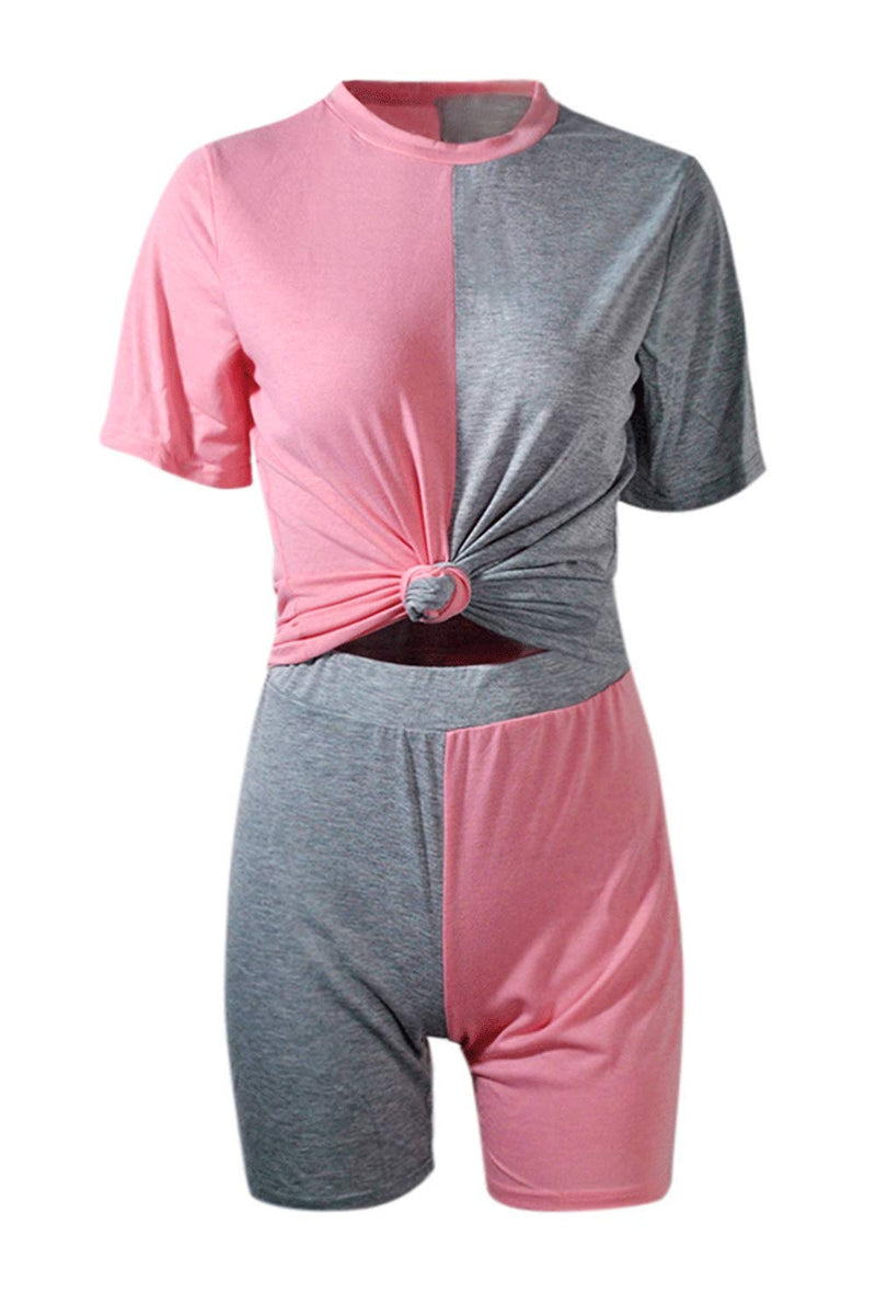 KANSOON Biker Short Set Two Piece Outfits Color Block Short Sleeves Tops and Bodycon Shorts Workout Sets Large 1-pink&grey - BeesActive Australia