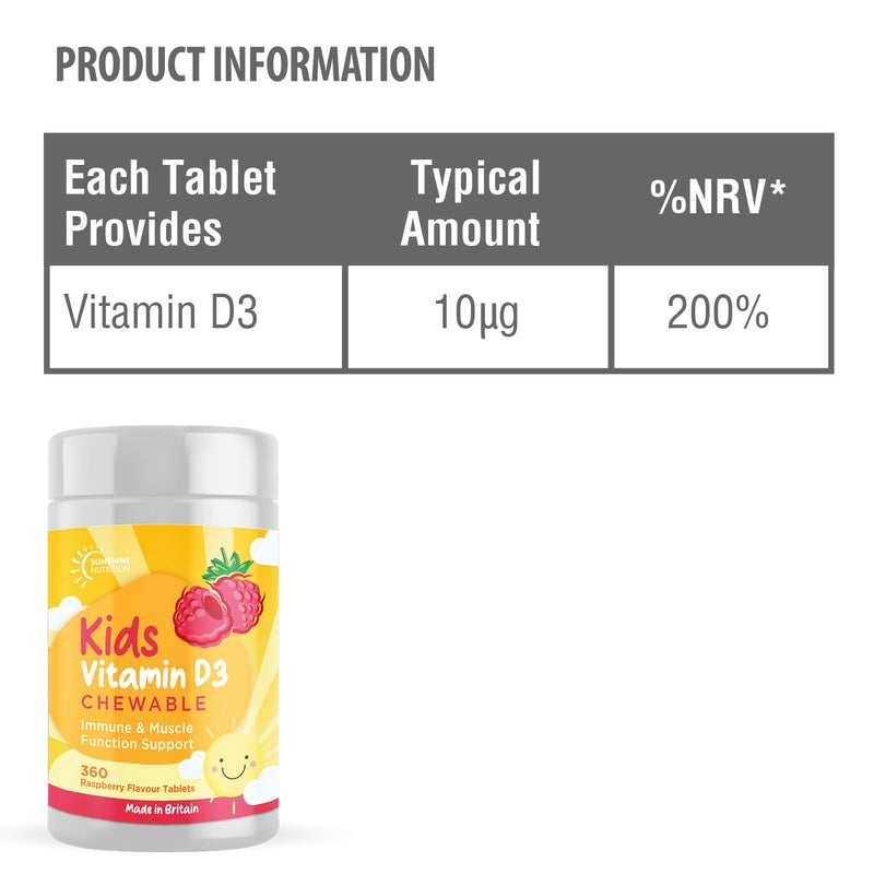 Vitamin D Chewable Supplements for Children 360 Raspberry Flavour Tablets by Sunshine Nutrition (Kids Chewable D3) Kids Chewable D3 - BeesActive Australia