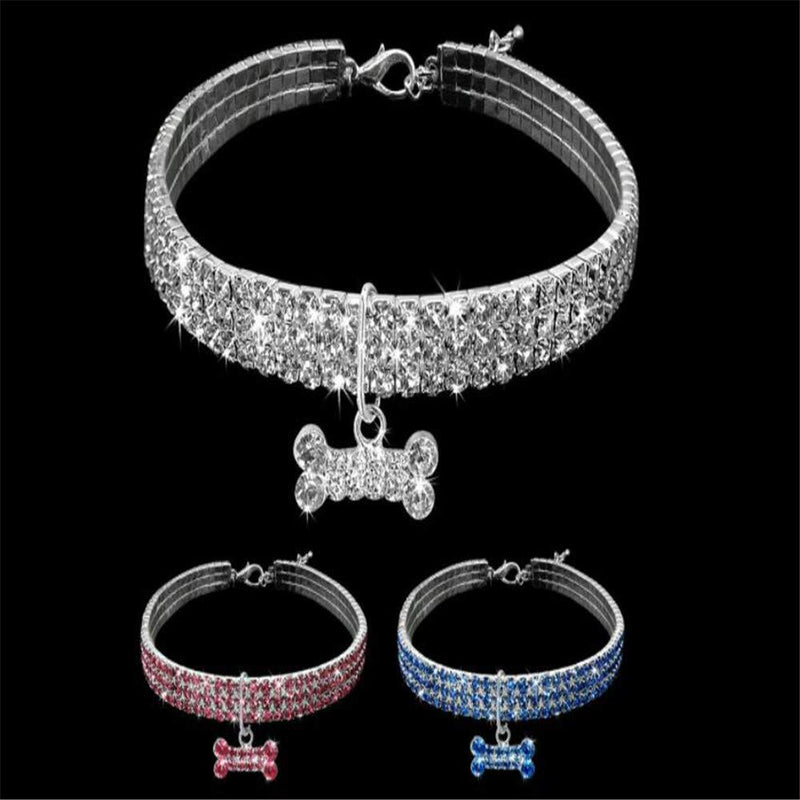 Dogs Kingdom Amazing 3 Rows Rhinestones Necklace Pet Cat Dog Collar Bling Rhinestone Bone Jewelry Party Wedding Accessories S:8-10" neck White - BeesActive Australia