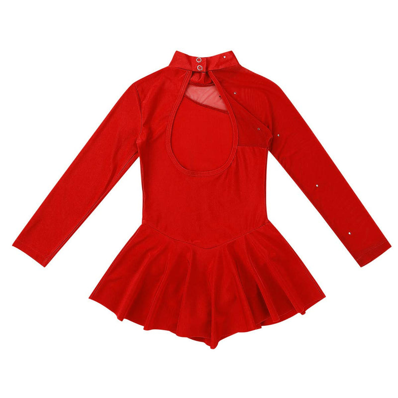 [AUSTRALIA] - winying Girls Mock Neck Long Sleeves Tulle Splice Cut Out Back Roller Ice Figure Skating Dress Ballet Dancewear Red 12 