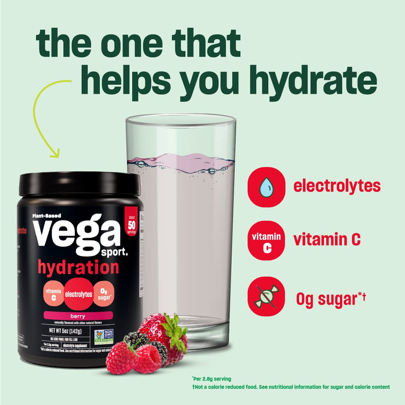 Vega Sport Hydration Electrolyte Powder, Lemonade - Post Workout Recovery Drink for Women and Men, Vitamin C, Vegan, Keto, Sugar Free, Dairy Free, Gluten Free, Non GMO, 4.9 oz 50 Servings (Pack of 1) - BeesActive Australia