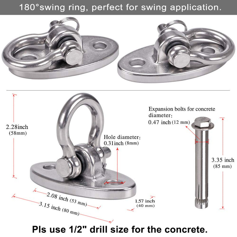 BeneLabel Set of 2 Permanent Antirust Stainless Steel 304 Heavy Duty Swing Hangers, 2000 LB Capacity, 4 Expansion Bolts for Concrete, Yoga Hammock Chair Sandbag, Swing Sets, 180° Swing - BeesActive Australia