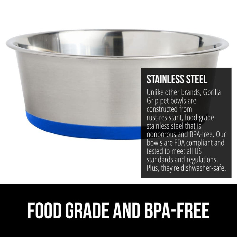 Gorilla Grip Stainless Steel Metal Dog Bowl Set of 2, Rubber Base, Heavy Duty, Rust Resistant, Food Grade BPA Free, Less Sliding, Quiet Pet Bowls for Cats and Dogs, Dry and Wet Foods 4 Cup Royal Blue - BeesActive Australia