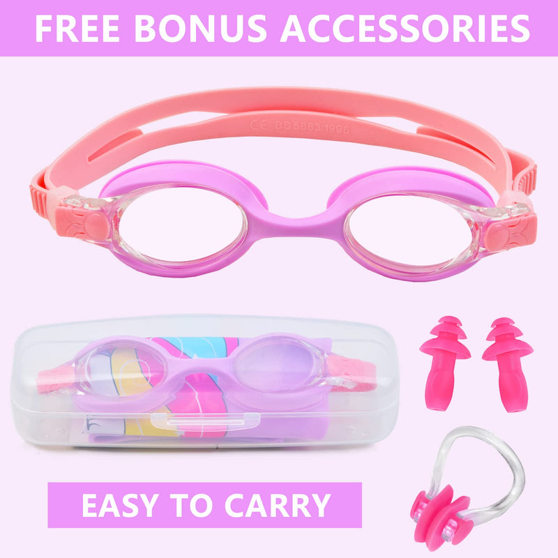 Kids Swim Caps for Girls (Age 3-7), Durable Waterproof Silicone Swimming Cap for Short Hair with Swimming Goggles, Ear Plug and Nose Clip Purple - BeesActive Australia