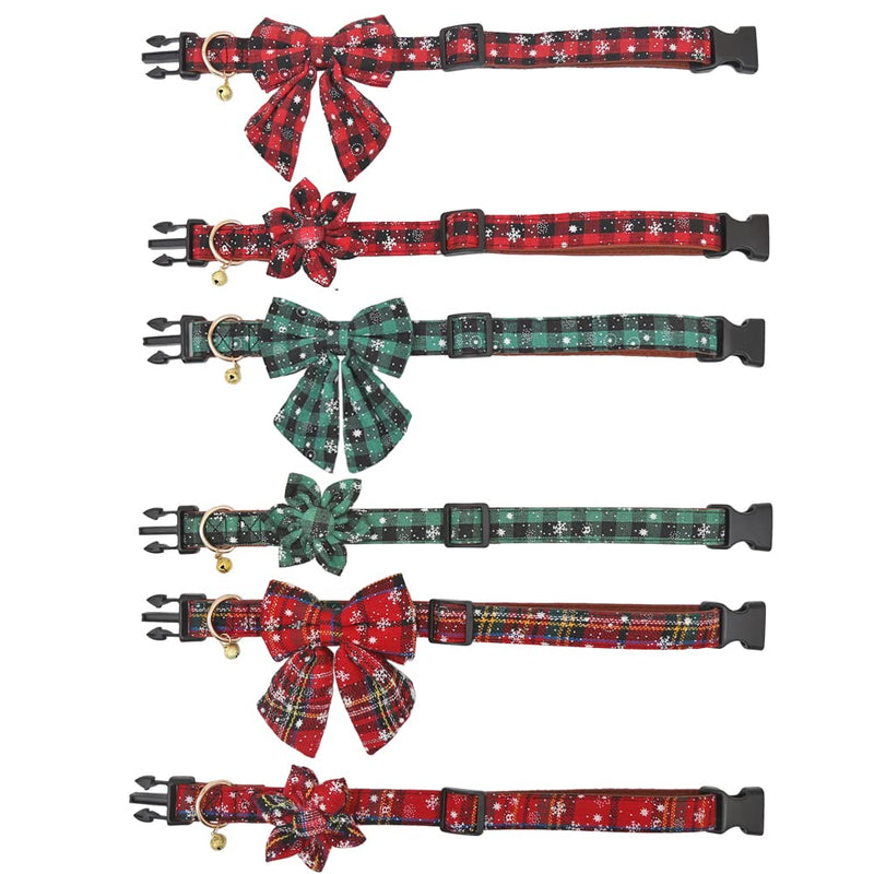 Christmas Dog Collar Snowflake Classic Plaid Adjustable with Cute Bow Tie Flower and Bells Medium Bow-red-2 - BeesActive Australia