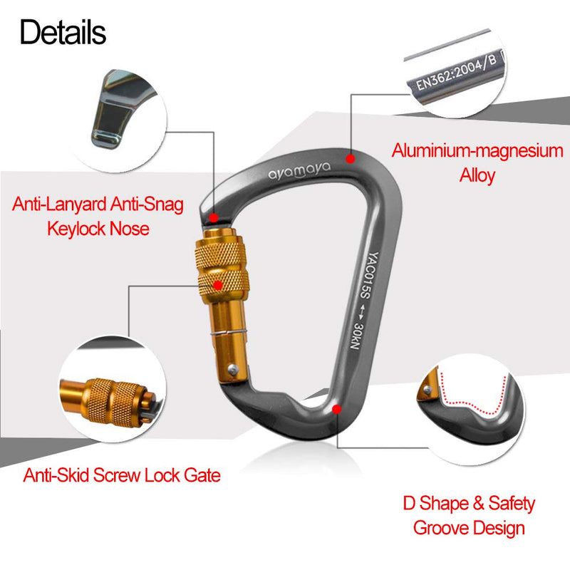 ayamaya 30kn Climbing Carabiner Aluminum Locking Carabiner D Shape Screwgate Carabiner Hook Screw Gate Lock Caribiner Clips Sport Tools Outdoor Gifts for Men Women Grey - BeesActive Australia