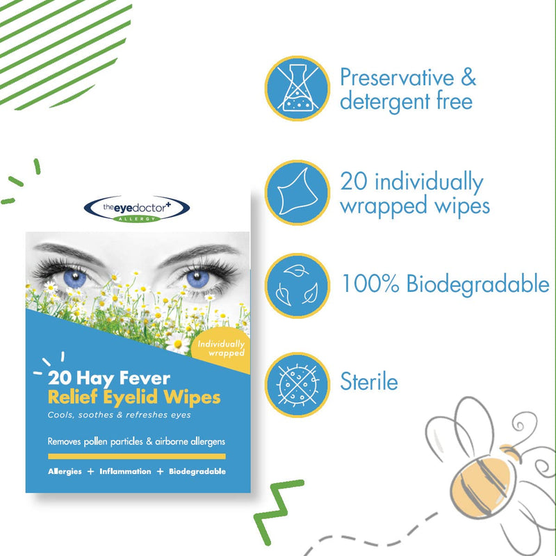 The Eye Doctor Hay Fever Relief Eyelid Wipes - 20x Single Use Eye Wipes for Allergy & Hayfever - Inflammation, Watery Itchy Eyes, Headaches & Migraines - Cooling Soothing Relief 20 Count (Pack of 1) Allergy Wipes - BeesActive Australia
