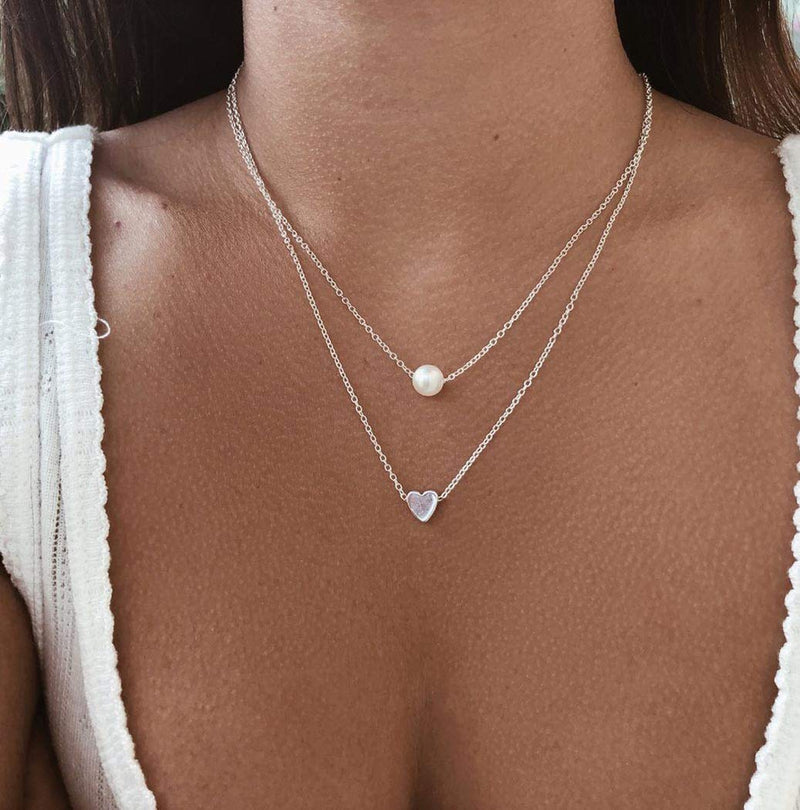 Jovono Multilayered Necklaces Heart Pearl Pendant Necklace Chain Jewelry for Women and Girls (Silver) Silver - BeesActive Australia