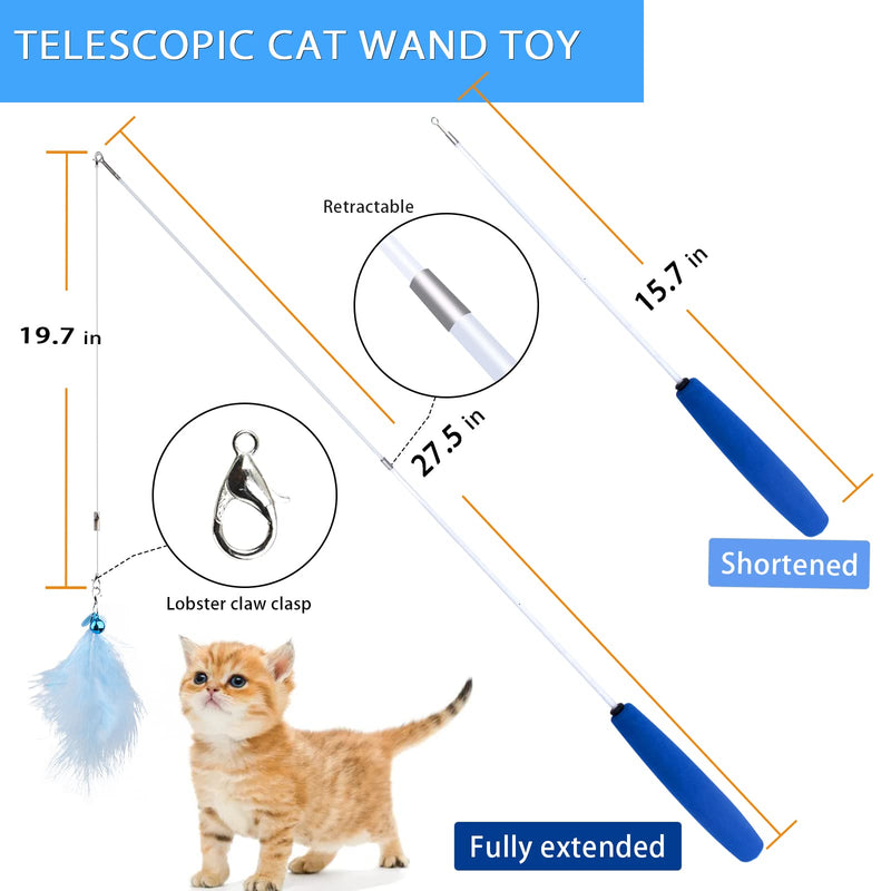 Cat Wand Toy for Indoor Cats 6PCS Fairy Feather Cat Toys with Retractable Fishing Pole Replaceable Feather Attachments Dragonfly Tassel Worm with Bells Cat String Kitten Toy Gift BLUE - BeesActive Australia