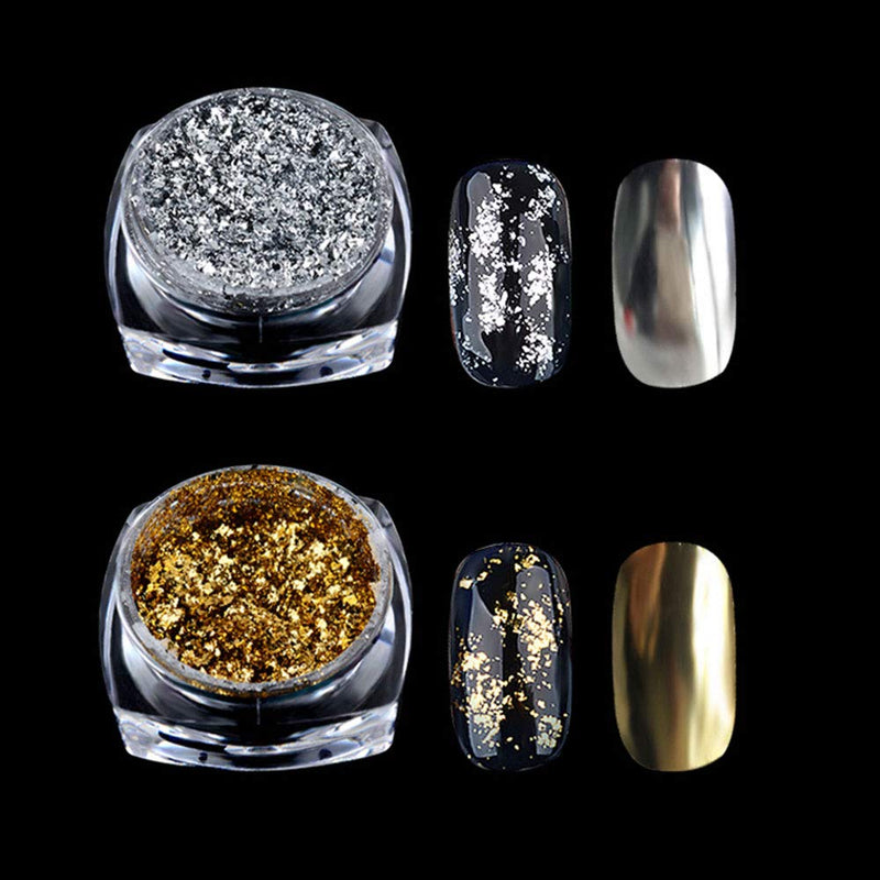 Nail Foil Holographic Glitter Nail Powder Kit Nail Art Gold Silver Glitter Aluminum Flakes Magic Mirror Effect Powders Sequins Nail Gel Polish Chrome Pigment Decorations 2 Box/Set - BeesActive Australia