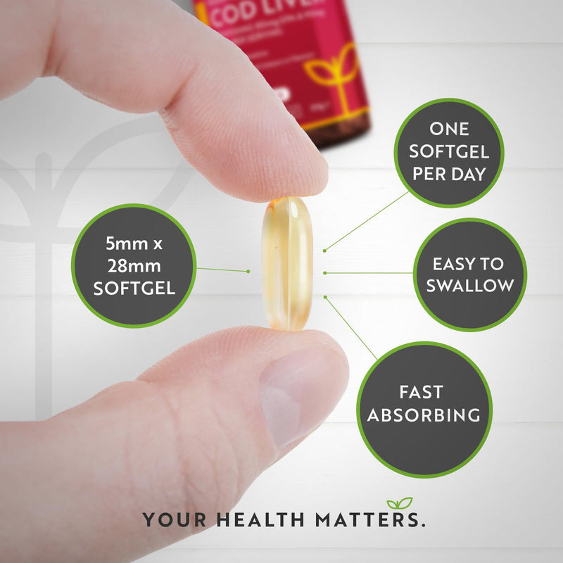 Cod Liver Oil 1000mg - 365 Softgels of Premium Cold Pressed Fish Oil - Rich in High Strength Omega 3, Vitamins A, D, E & Garlic Oil - Supports Heart & Brain Health - Made in The UK by Nutravita - BeesActive Australia