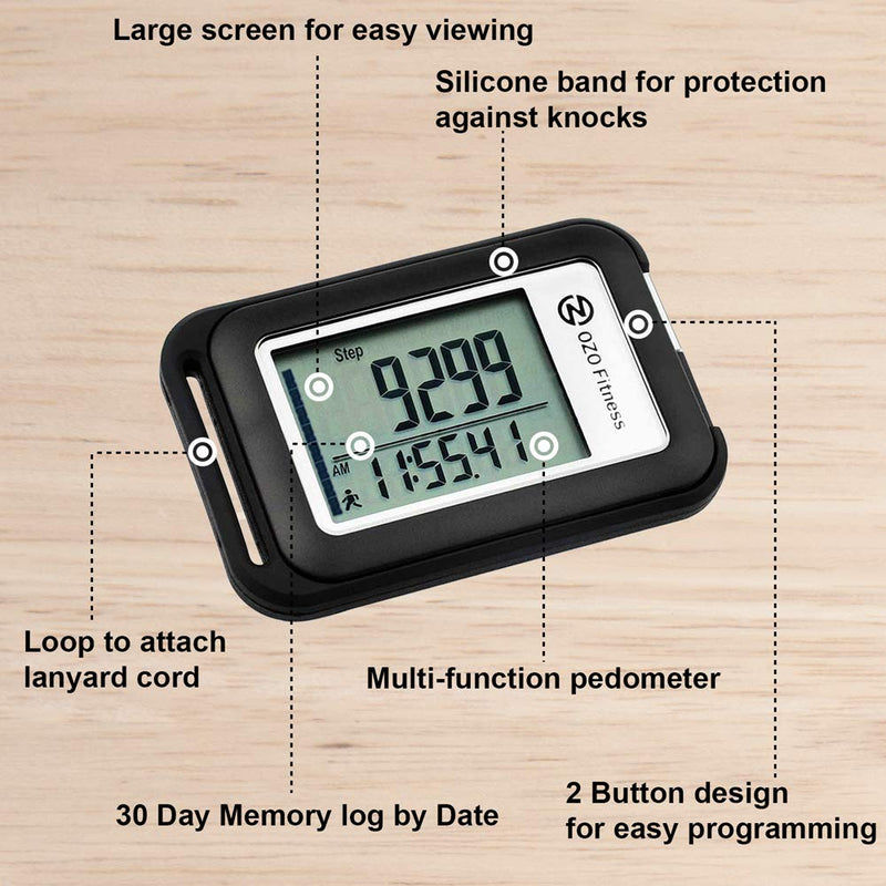 OZO Fitness SC 3D Digital Pedometer | Best Pedometer for Walking. Track Steps & Miles, Calories & Activity Time. Clip on Step Counter for Men, Women & Kids (Lanyard Included) Black - BeesActive Australia