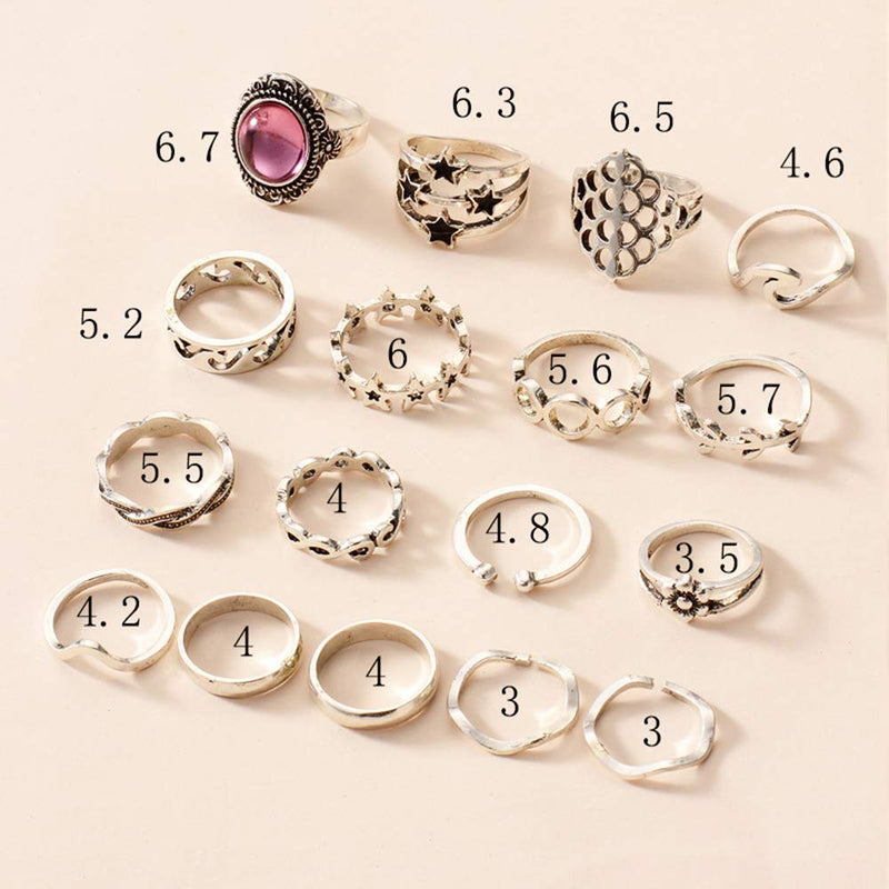 Xerling 17 Pcs Women Silver Statement Knuckle Ring Set Wave Gemstone Stars Ring Stackable Flower Open Finger Ring - BeesActive Australia