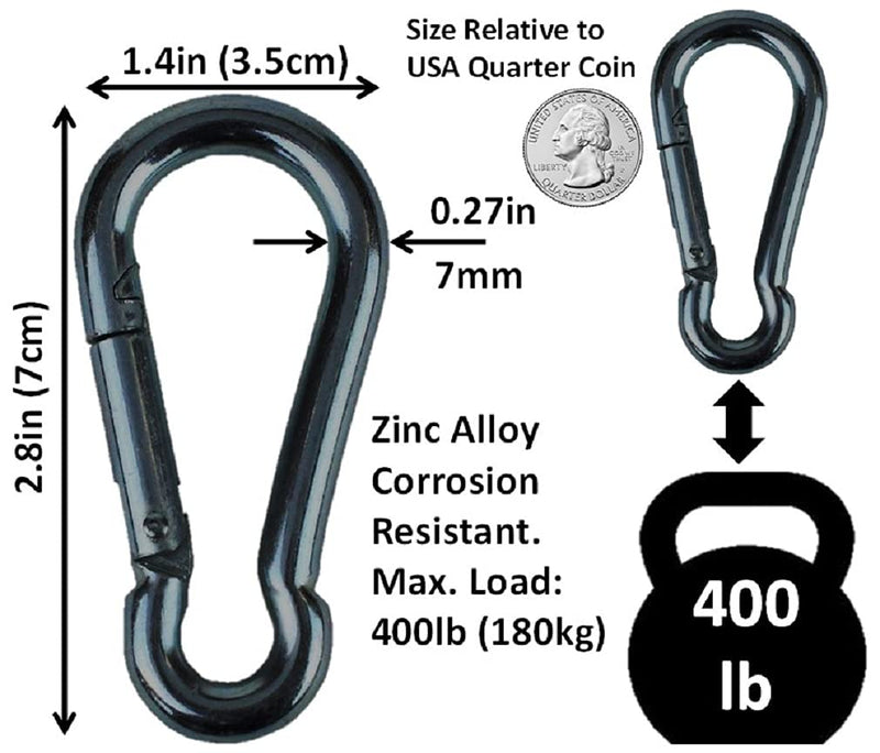 Branded Boards Black & Silver Heavy Duty Bushcraft Zinc-Galvanized Steel Carabiner Spring Snap Clip Link Hooks. 200-400lb Load. 6 Packs, 12 Packs and Variety Packs. Black-7cm-12 Pack - BeesActive Australia