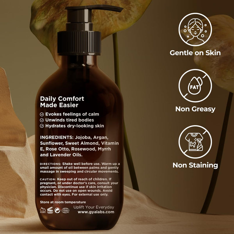Gya Labs Destressing Massage Oil - Oils for Massage & Skin - Crafted with Lavender, Rose Otto, Rosewood, Myrrh, Jojoba & Argan Oils - (200 ml) - BeesActive Australia