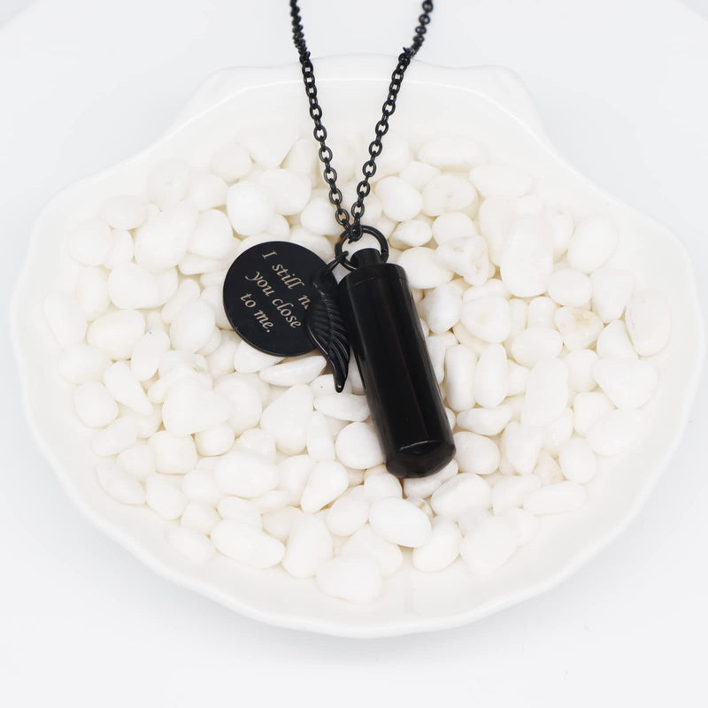 Cylinder Urn Necklace for Ashes Cremation Jewelry for Human Pet Stainless Steel Memorial Keepsake Pendant with Angel Wing Black - BeesActive Australia