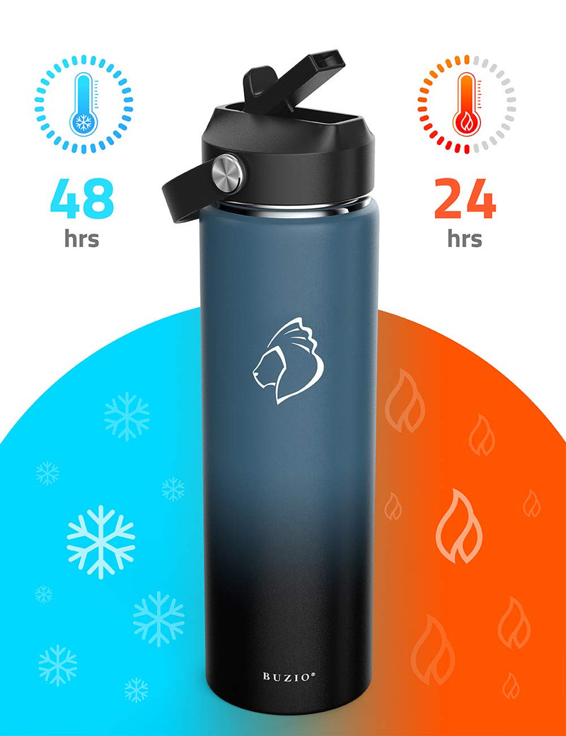 BUZIO Insulated Water Bottle with Straw Lid and Flex Cap, 32oz, 40oz, 64oz, 87oz Modern Double Vacuum Stainless Steel Water Flask, Cold for 48 Hrs Hot for 24 Hrs Simple Thermo Canteen Mug,BPA-Free 22 oz Black 22oz - BeesActive Australia