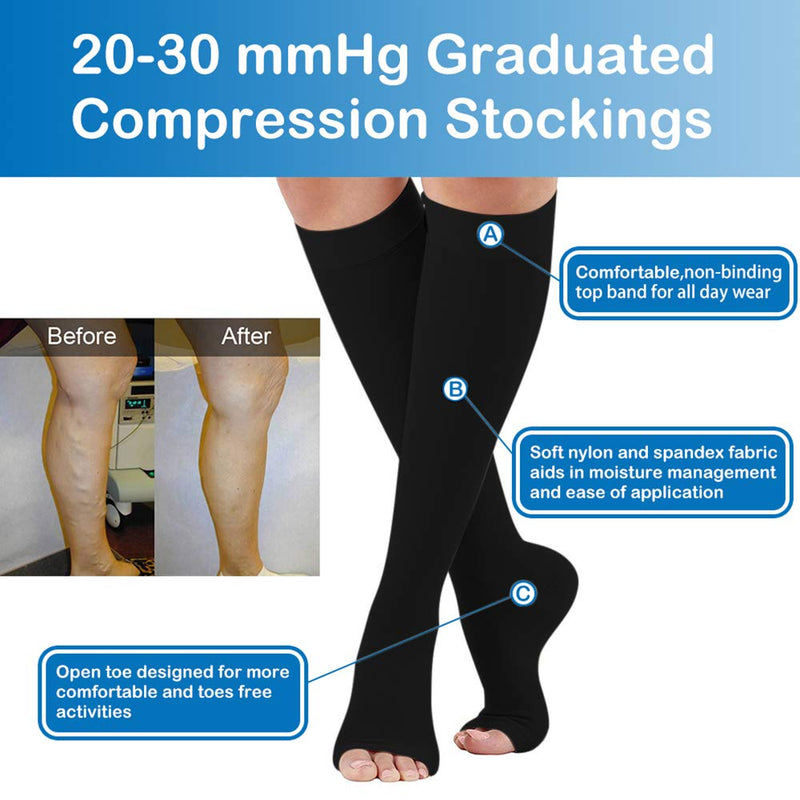 Compression Socks 20-30mmHg Open Toe with Free Auxiliary Wear Socks Sleeve Professional Care for Ankle,Varicose Veins, Calf Edema Pain Relief Suitable for Nurses Maternity Flight Travel Men Women XXL Black-XXL - BeesActive Australia
