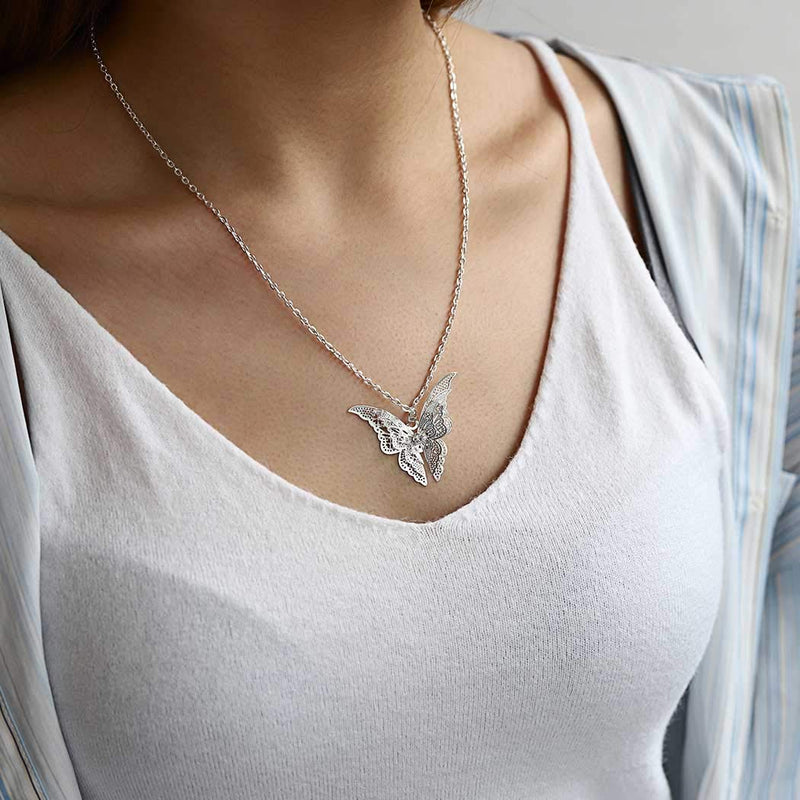 Sakytal Butterfly Pendant Necklaces Silver Large Hollow Out 3D Pendant Necklace Chain for Women and Girls - BeesActive Australia