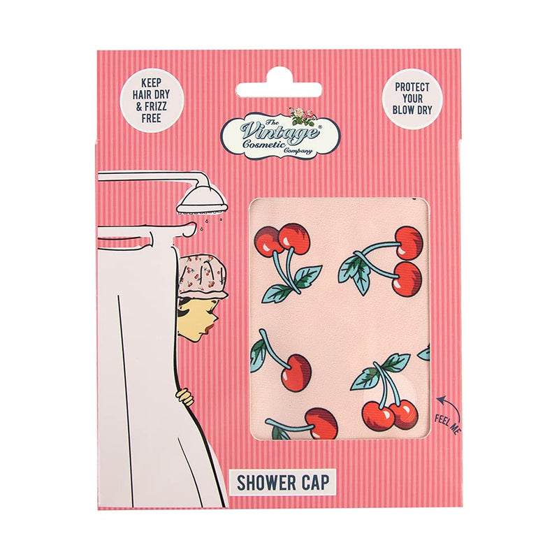 The Vintage Cosmetic Company Shower Cap Elasticated and Waterproof Keeps Hair Dry and Fizz Free Retro Cherry Design Cherry Print - BeesActive Australia