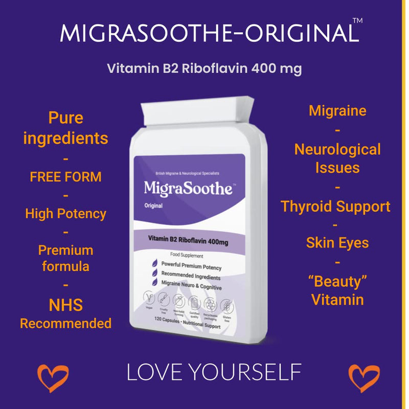 Premium Vitamin B2 Riboflavin 400mg per Capsule 120 Days Supply - Migrasoothe-B Pharma Manufacturing Standards UK Made Migraine Support, Stress, Tremors & Energy Vegan. Nice Recommended Vitamin B2 400 - BeesActive Australia