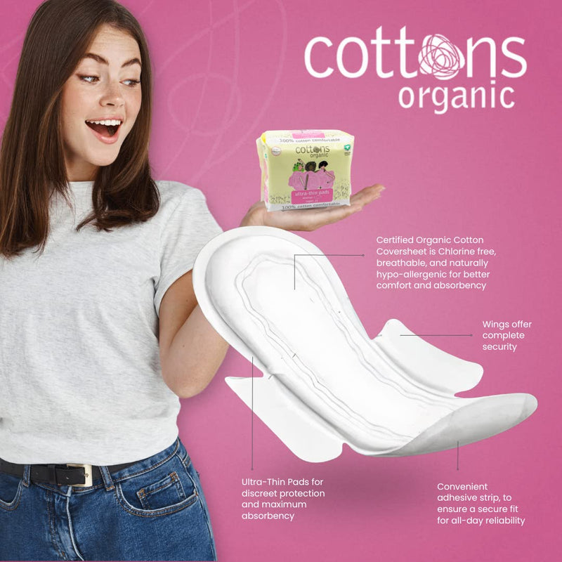Cottons Ultra Thin Pads, Super, Pack of 12, 100% Organic Cotton, Hypoallergenic, Biodegradable Pack of 1 - BeesActive Australia
