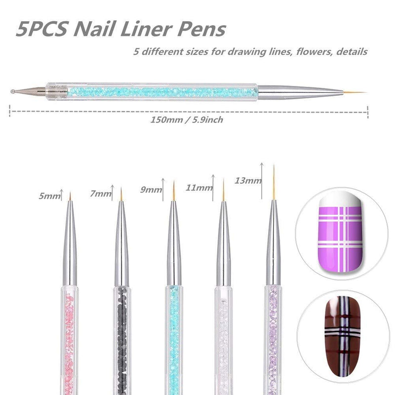 FULINJOY 5 Pieces Nail Art Liner Brushes, Dual-ended Nail Art Point Drill Drawing Brush Pen Dotting Tools Set, Nail Design Liner Brushes and Dotting Pen - BeesActive Australia