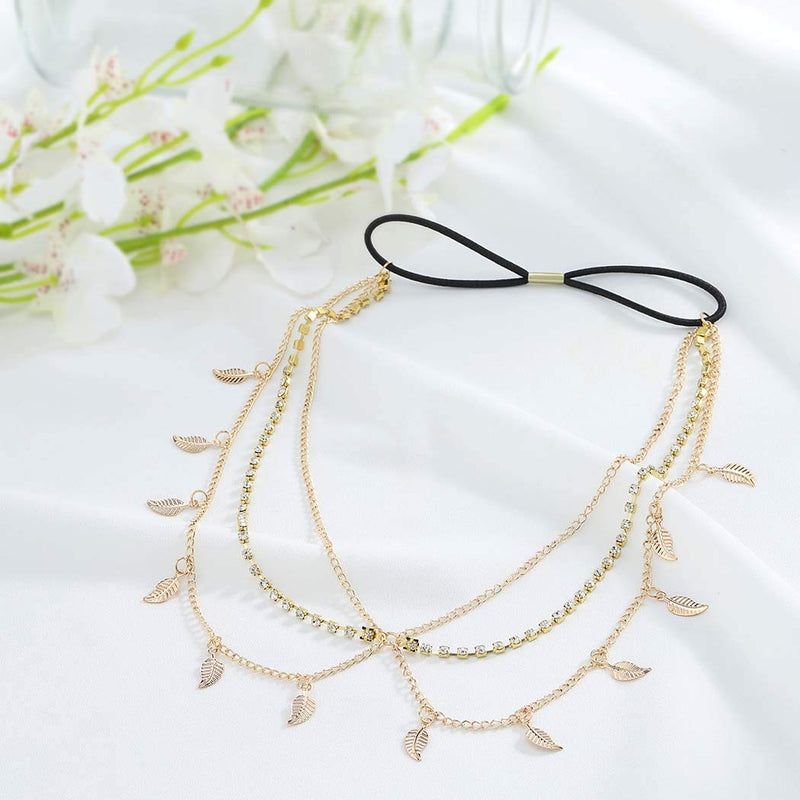 Edary Boho Leaf Tassel Head Chain Crystal Headband Gold Jewelry Hair Accessory for Women or Girls - BeesActive Australia