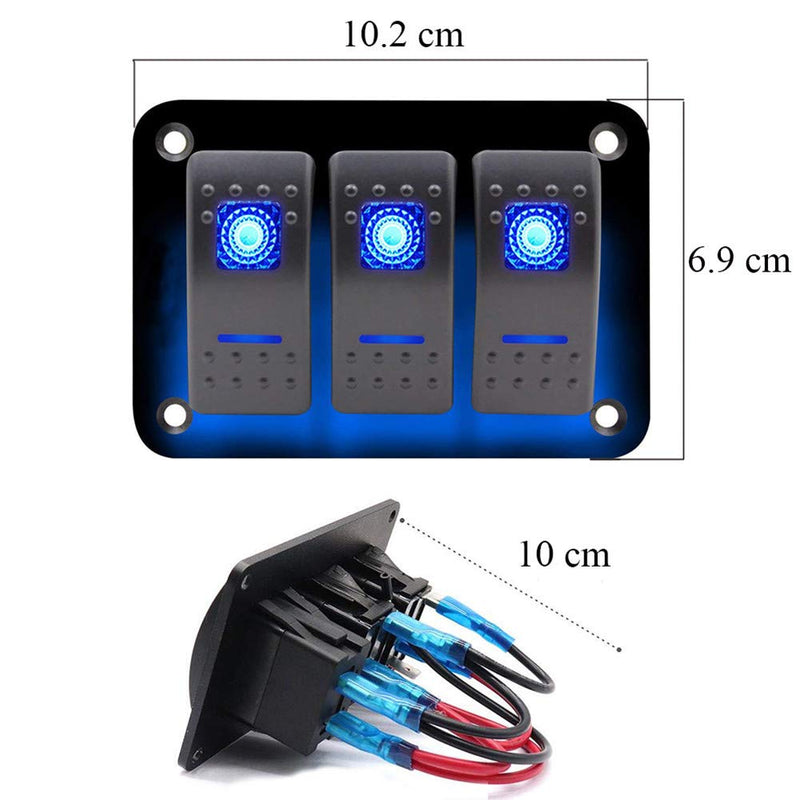 [AUSTRALIA] - Boat Marine 3 Gang Rocker Switch Panel Waterproof 12V LED Toggle Switches Aluminum Panel with Blue Light for Car Rv Vehicles Truck Universal 3 Gang BLUE 