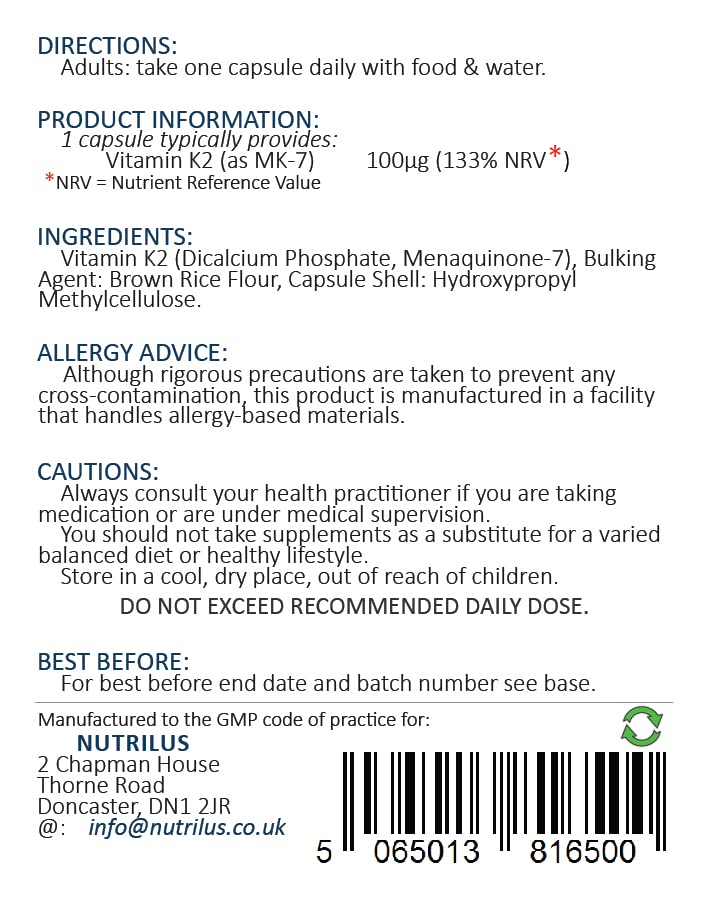 Vitamin K2 MK-7 120 Daily Capsules 100�g - Highly Bioavailable - Vegan Supplement - Bone Health - Calcium Distribution - BeesActive Australia