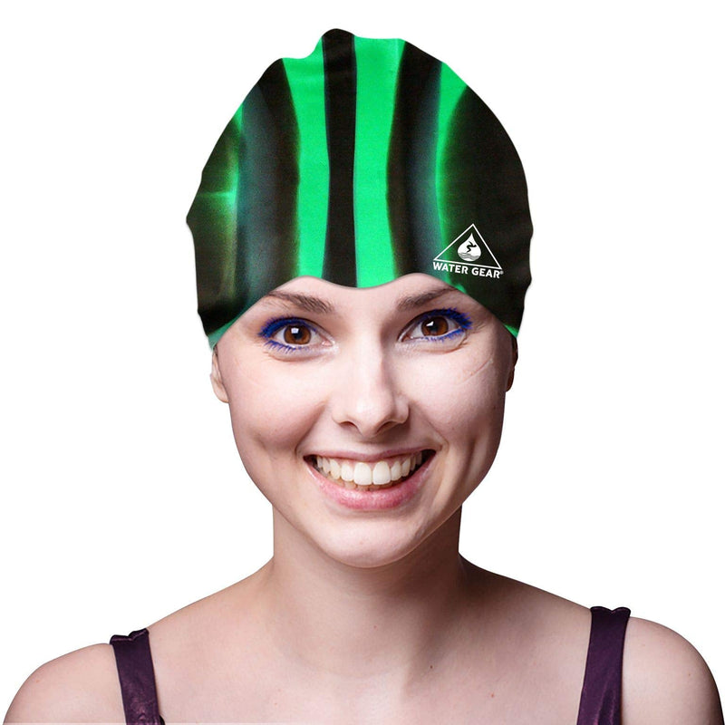 Water Gear Silicone Adult Swim Cap - Flexible Unisex Waterproof - Great for Short and Long Hair - Improve Your Performance - Women Men and Teens -Triathlon Swimmers and Athletes GREEN/BLACK - BeesActive Australia