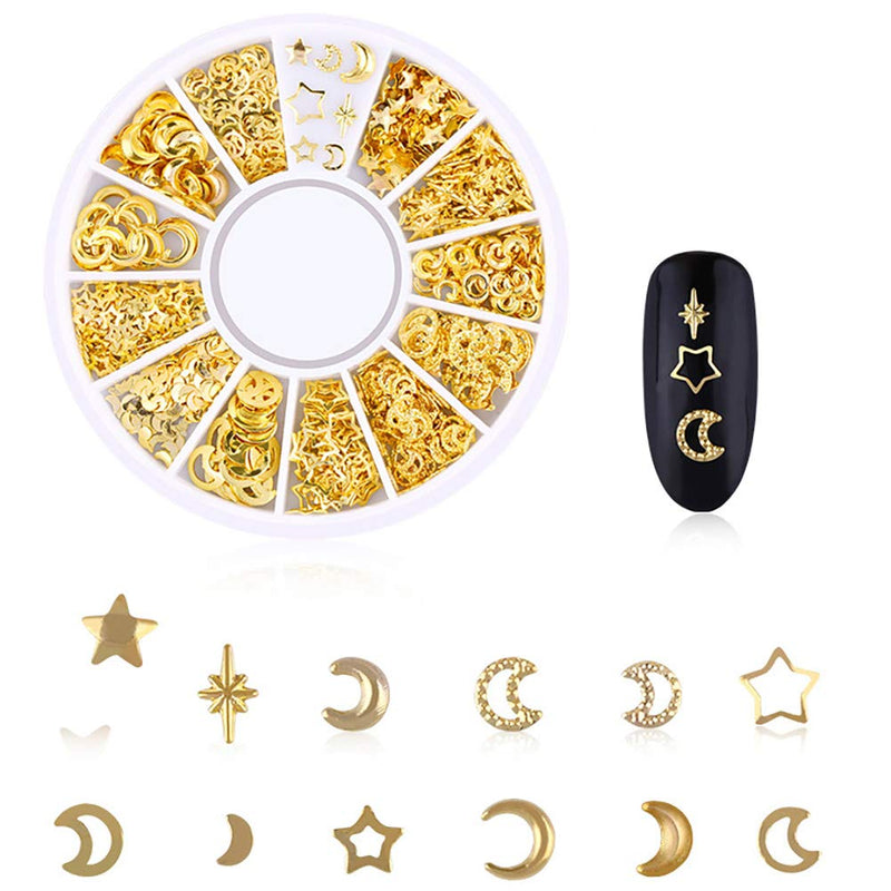 DANNEASY 6 Wheels 3D Gold Nail Studs Metal Nail Charms Nail Art Rivets Manicure Decoration Kit Star Moon Shell Cross Flower With 1Pc Curved Tweezers And Wax Pen Kit 1 - BeesActive Australia