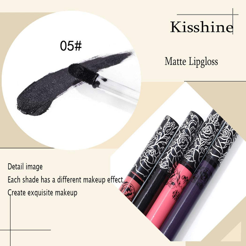 Kisshine Matte Liquid Lipsticks Waterproof Non-stick Cup Natural Color Lip Gloss for Women and Girls Pack of 1 (Black 05#) Black 05# - BeesActive Australia