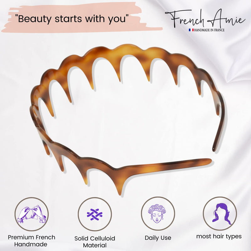 French Amie Zig Zag Scallop 1 1/4" Wide Teeth Celluloid Handmade Hair Head bands for Girls Very Flexible Strong Hold Non Slip Grip Durable Styling Women Hair Accessories, Made in France (Tortoise Shell Brown) Tortoise Shell Brown - BeesActive Australia