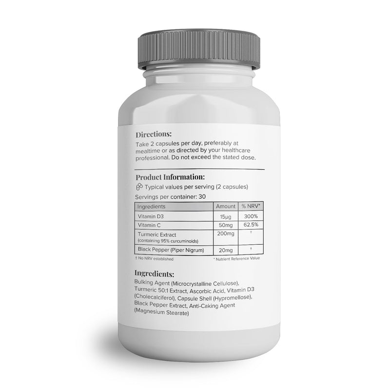 Hey Nutrition Turmeric Extract Complex - Vitamin D3 & C, Black Pepper Extract - Support Muscle & Joint Relief - Maximum Potency & Enhanced Absorption - UK Manufactured - 60 Vegan Capsules 60 Count (Pack of 1) - BeesActive Australia