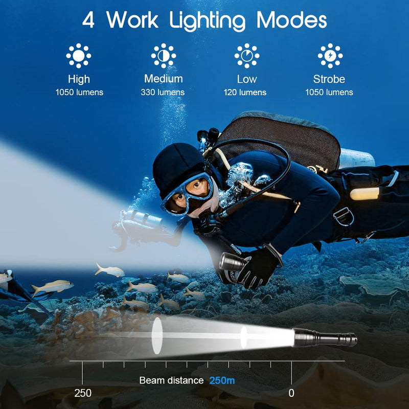 APLOS AP11 Diving Flashlight XM-L2 LED 1050 Lumen Scuba Dive Light, IPX8 Waterproof Underwater 150m 492ft Professional Submersible Light with Rechargeable Batteries and Charger - BeesActive Australia