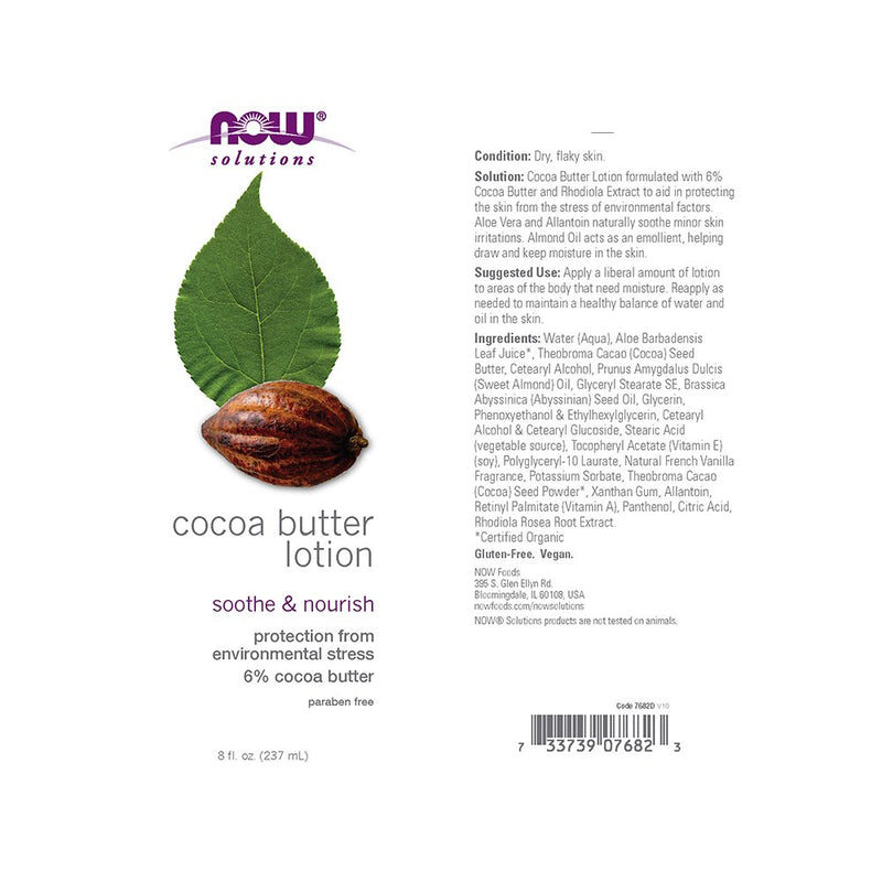 NOW Solutions, Cocoa Butter Lotion for Dry and Flaky Skin, with Aloe Vera, Allatonin and Almond Oil, 8-Ounce - BeesActive Australia