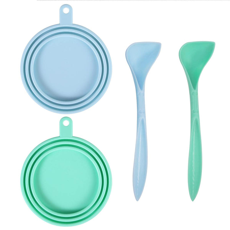 SLSON 2 Pack Pet Food Can Cover Universal Silicone Cat Dog Food Can Lids 1 Fit 3 Standard Size Can Tops with 2 Spoons,Light Blue and Green - BeesActive Australia