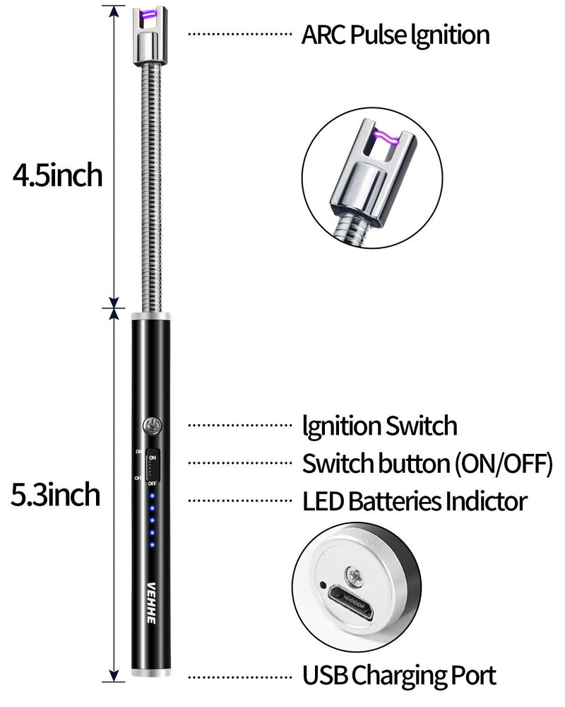 VEHHE Candle Lighter, Electric Rechargeable Arc Lighter with LED Battery Display Long Flexible Neck USB Lighter for Light Candles Gas Stoves Camping Barbecue Black - BeesActive Australia