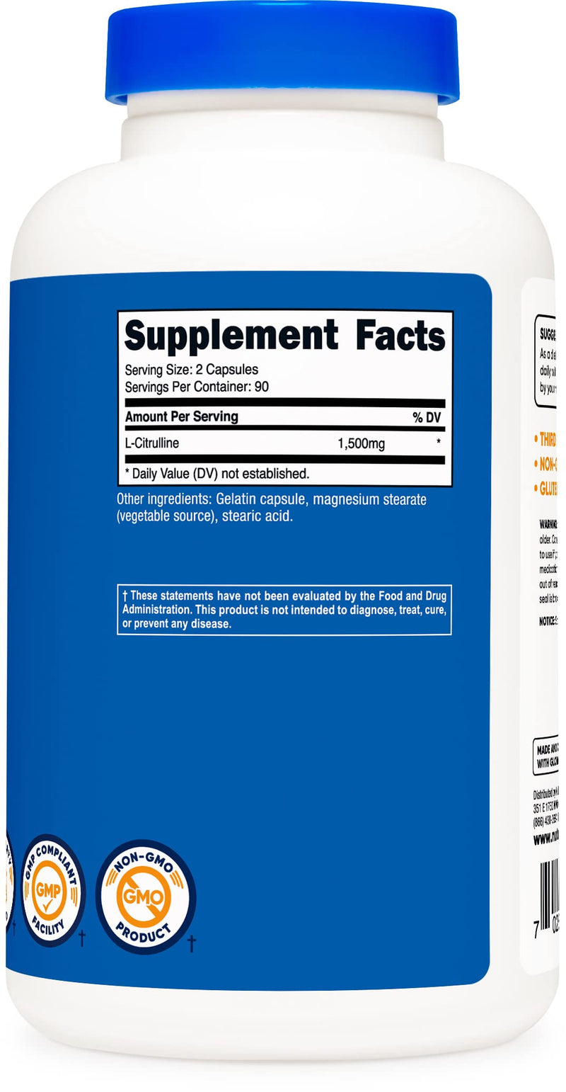 Nutricost L-Citrulline 750mg, 180 Capsules - 1500mg Per Serv, Gluten Free 180 Count (Pack of 1) - BeesActive Australia