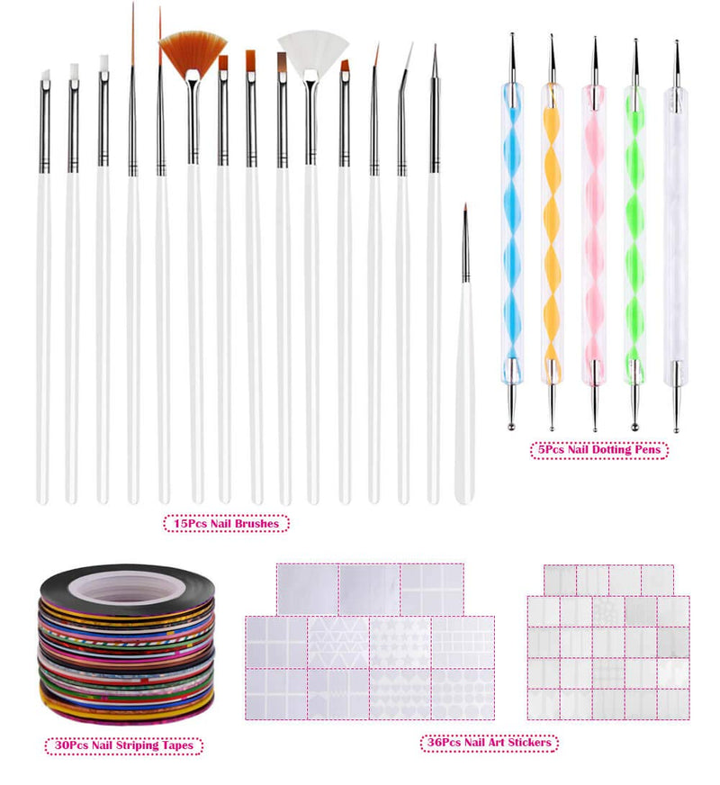 Anezus Nail Art Brushes Nail Art Painting Polish Design Tools Set with 15Pcs Nail Gel Brushes, 5Pcs Nail Dotting Pen, 30 Colors Nail Striping Tape and 36 Sheets Nail Stencils French Tip Guides Sticker - BeesActive Australia