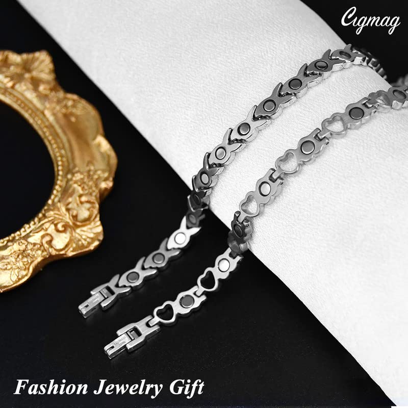 Cigmag 2PCS Magnetic Bracelets for Women Ultra Strength Magnet Titanium Steel Magnetic Brazaletes Set with Adjustable Tool and Gift Box for Mother's Day (Silver Fishtail & Love) 2pcs Silver Fishtail & Love - BeesActive Australia